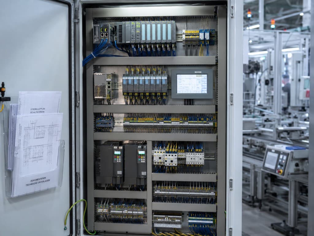 Moderner Steuerungsschrank mit SPS, HMI und Antriebstechnik in einer Produktionsanlage